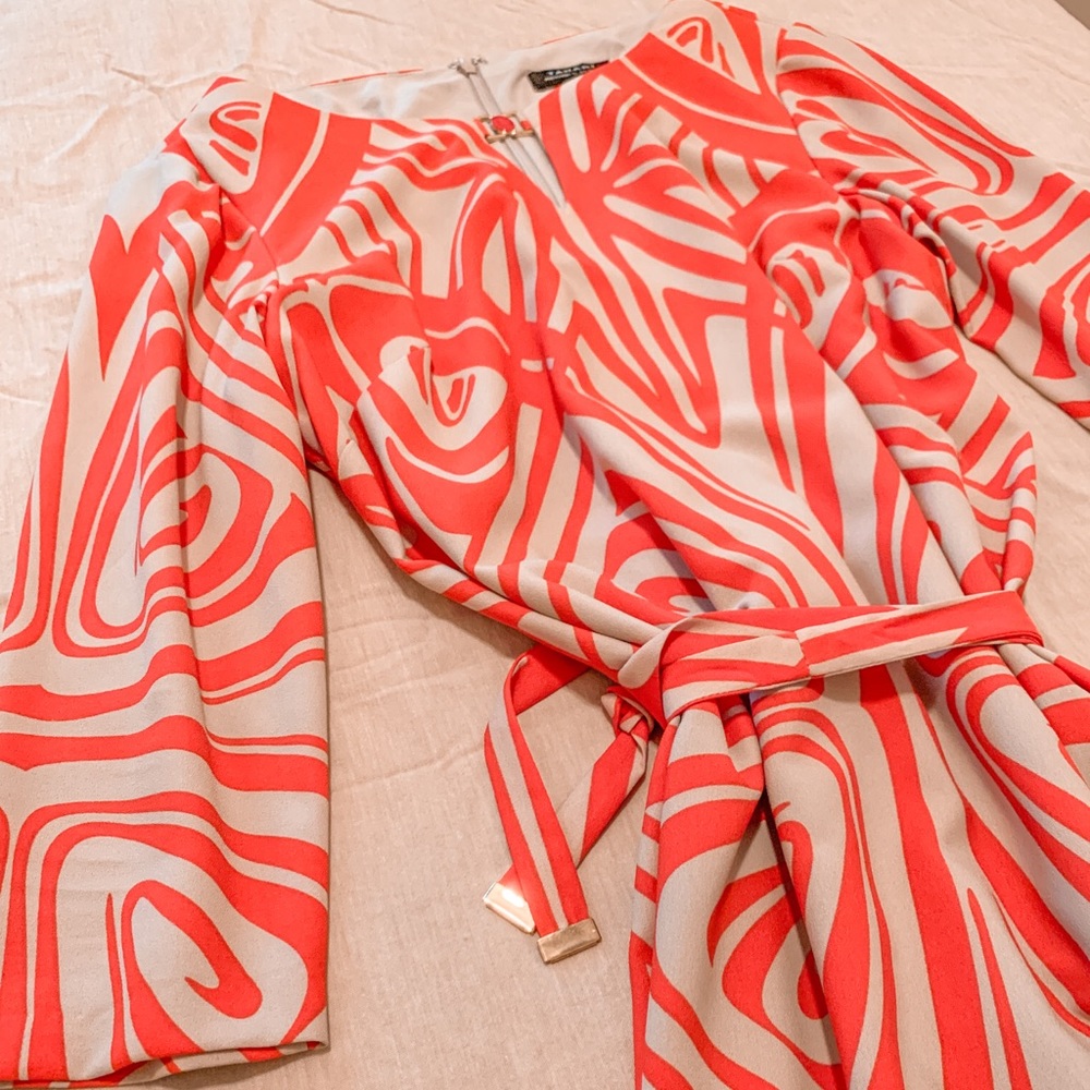 Red-orange & Taupe Long-sleeved Midi Dress